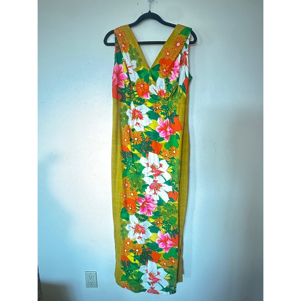 Vintage 70s Floral Hawaiian Mustard  Psychedelic Maxi Dress w train barkcloth